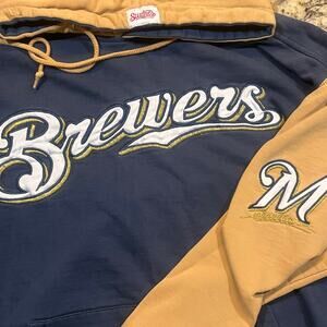 Stitches Mens Medium Milwaukee Brewers MLB Navy Blue Gold Pullover Hoodie